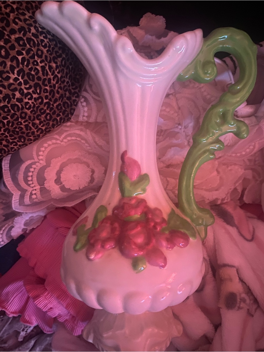 White Porcelain Pitcher Vase with Pink Floral Relief and Green Handle